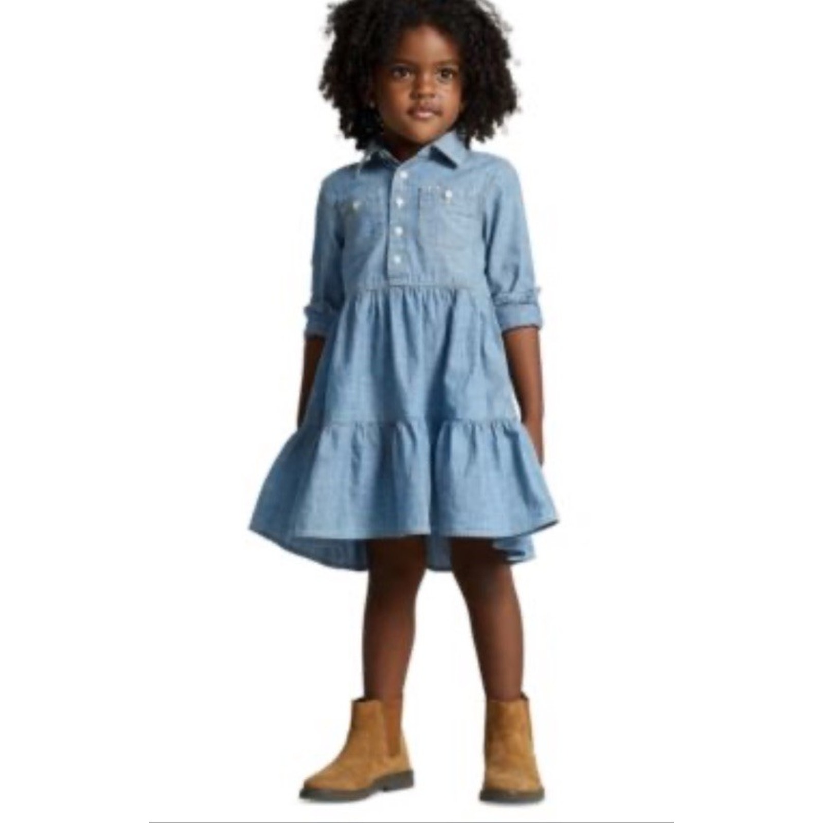 Polo Ralph Lauren Girls Long Sleeve Blue Cotton Tiered Denim Dress Sz 10 Nwt